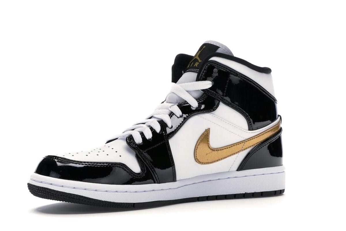 Jordan 1 Mid Patent Black White Gold Sneakers 852542-007