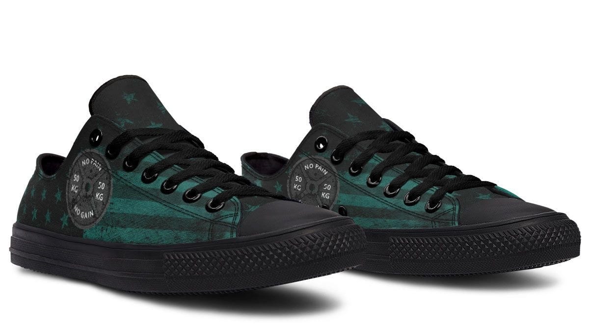“No Pain No Gain” American Flag Green Pattern Black Lowtop Sneaker