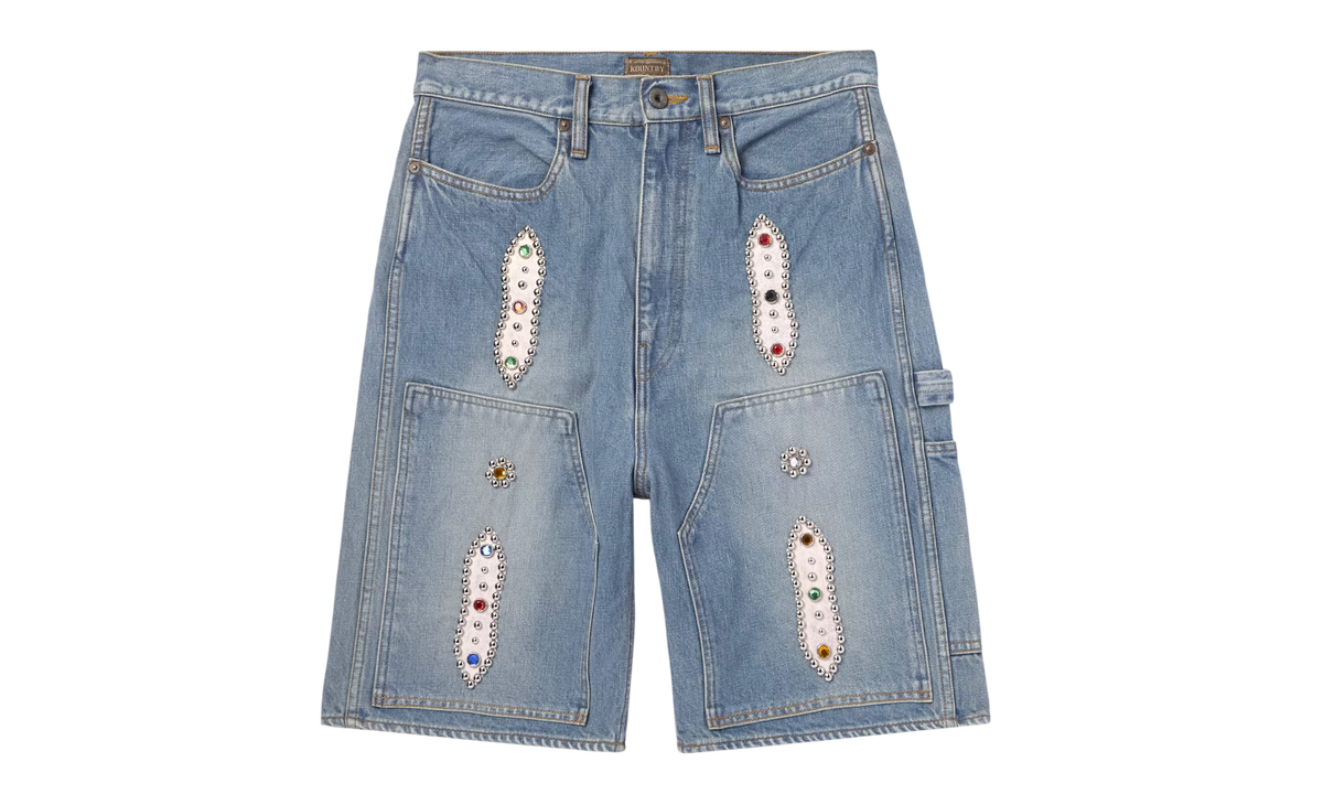 Kapital Straight-Leg Leather-Trimmed Embellished Denim Shorts